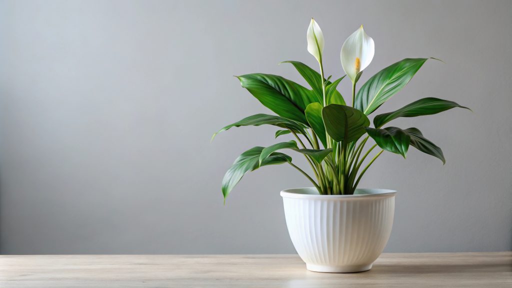 Bird's eye view of Peace Lily spathiphyllum flower plant in white pot